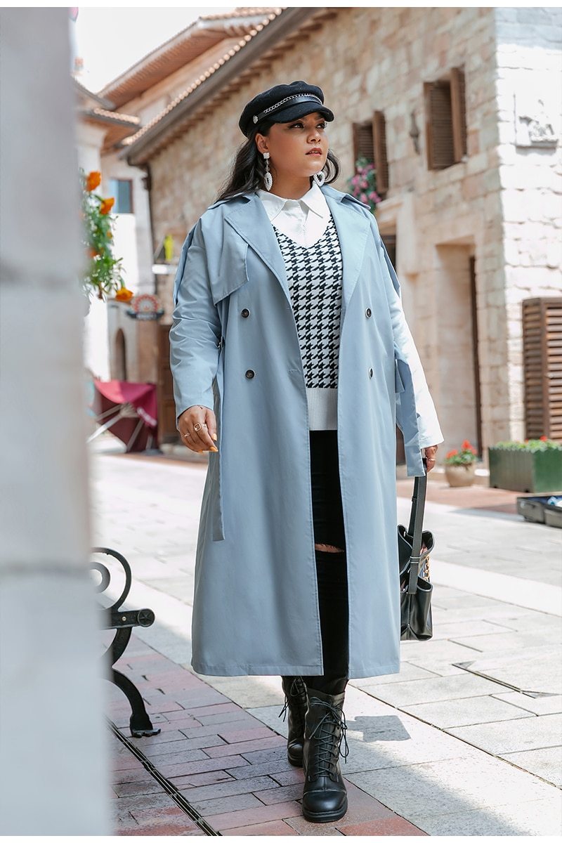 Plus Size Belted Trench Coat With Buttons