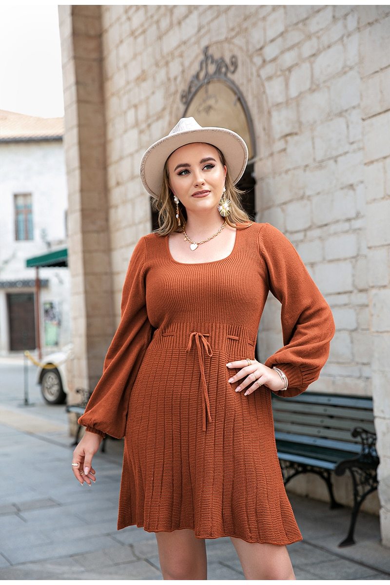 Plus Size Square Neck Knitted Dress Oversized Sweater Long Sleeve
