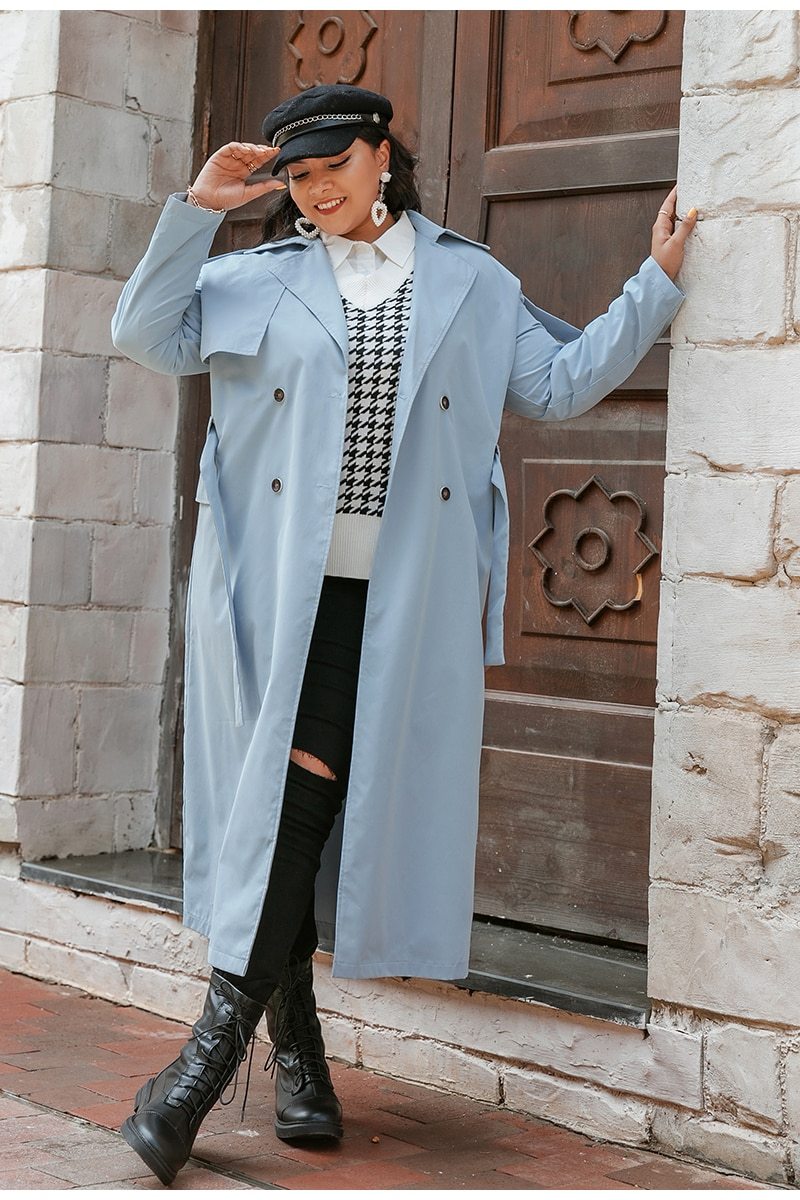 Plus Size Belted Trench Coat With Buttons