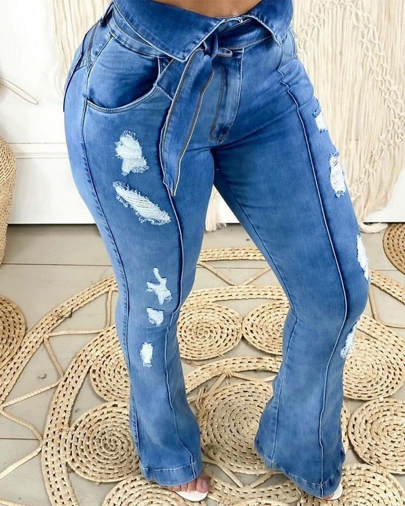 Solid Ripped Lace-up Skinny Bell Denim Pants