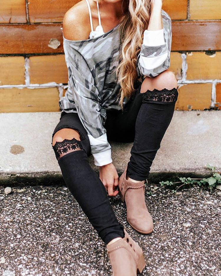 Lace Insert Cutout Knee Casual Pants