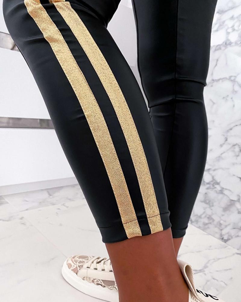 Golden Striped Drawstring Skinny Pants