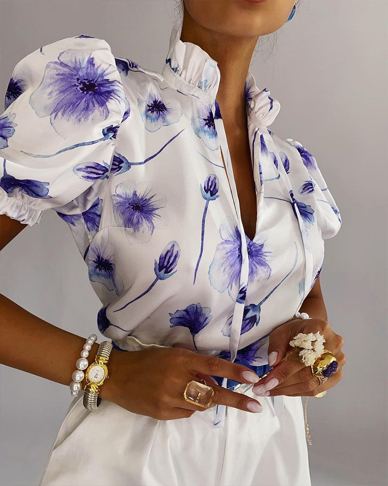 Floral Print Frill Neck Puff Sleeve Blouse