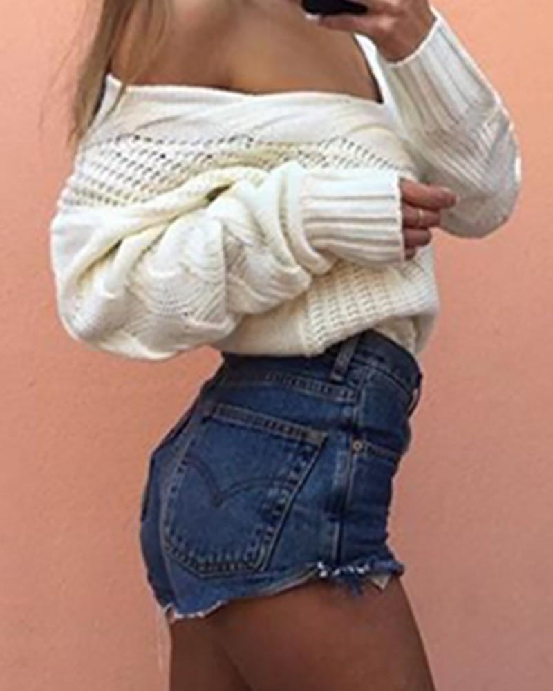 Long Sleeve Hollow Out Knit V-Neck Sweater