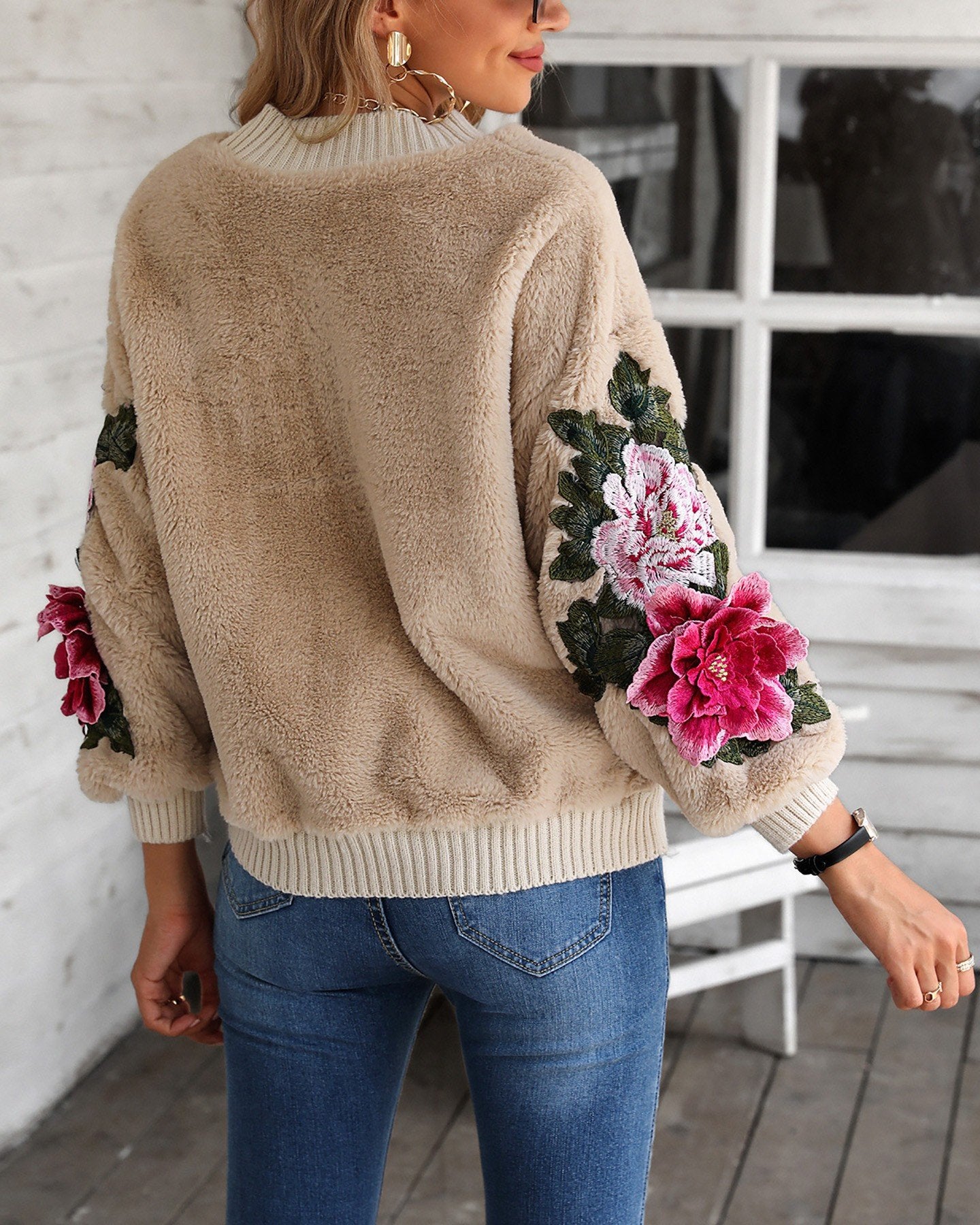 Floral Pattern Embroidery Fluffy Sweater