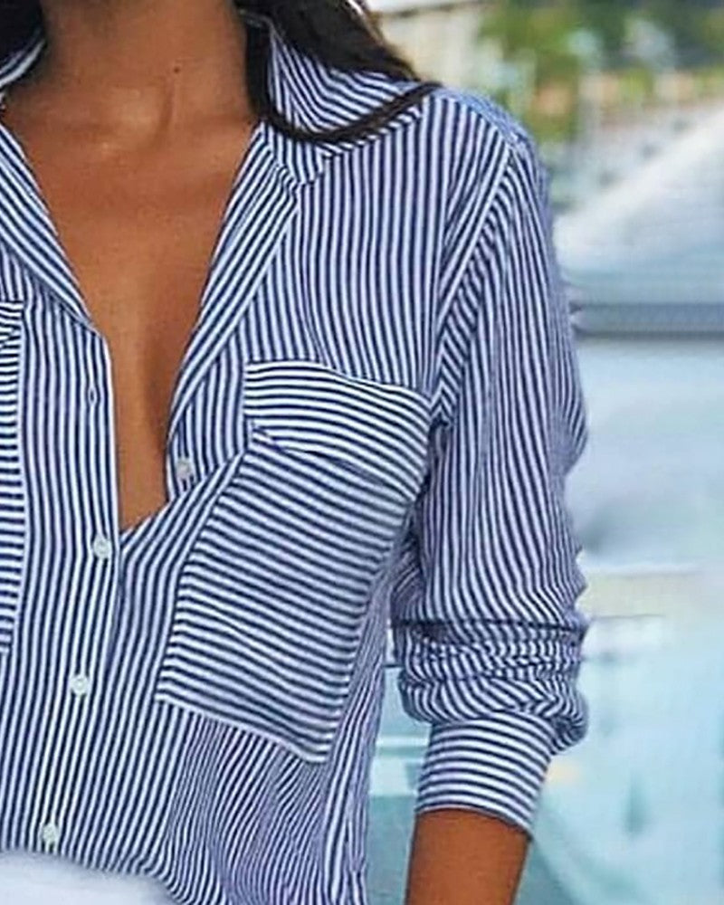 Striped Print Button Pocket Design Shirt