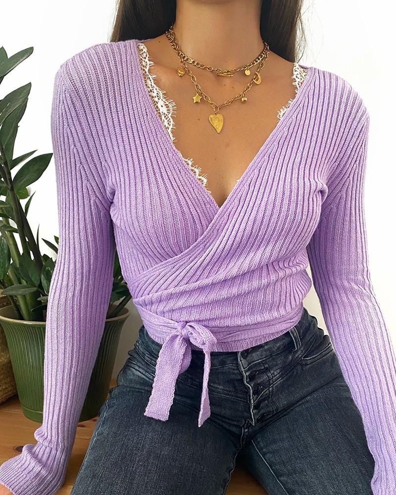Surplice Knotted Design Long Sleeve Sweater