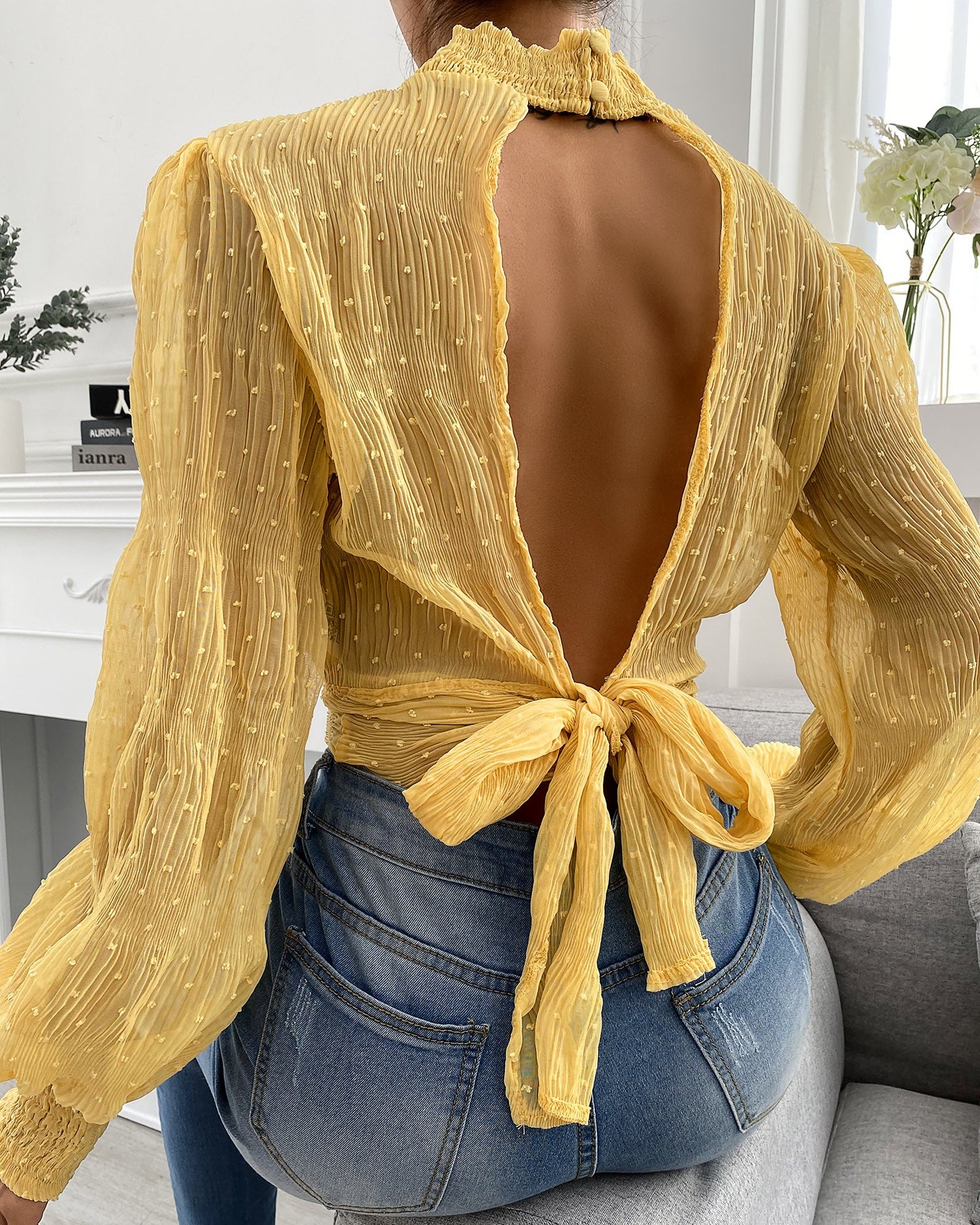 Solid Bubble Sleeve Loose Cut-out Blouse