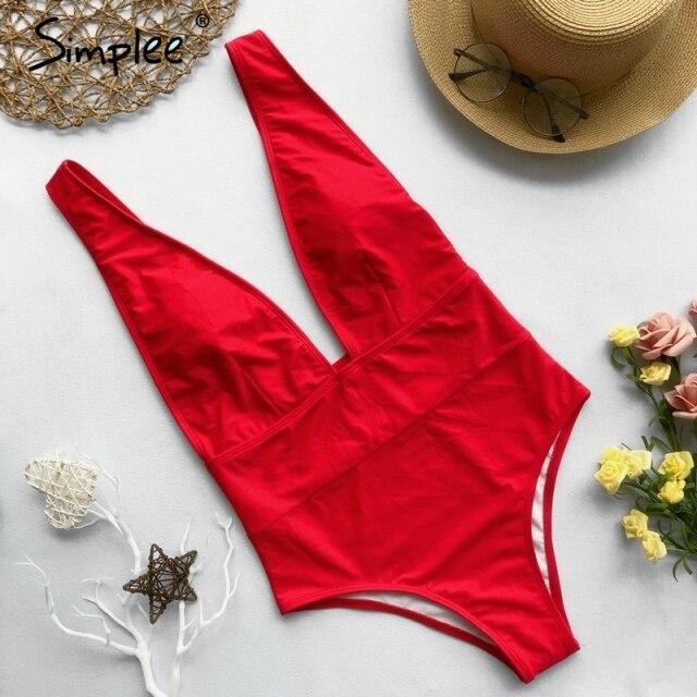 Sexy red one piece women bodysuit Push up V neck bathing suit swimwear