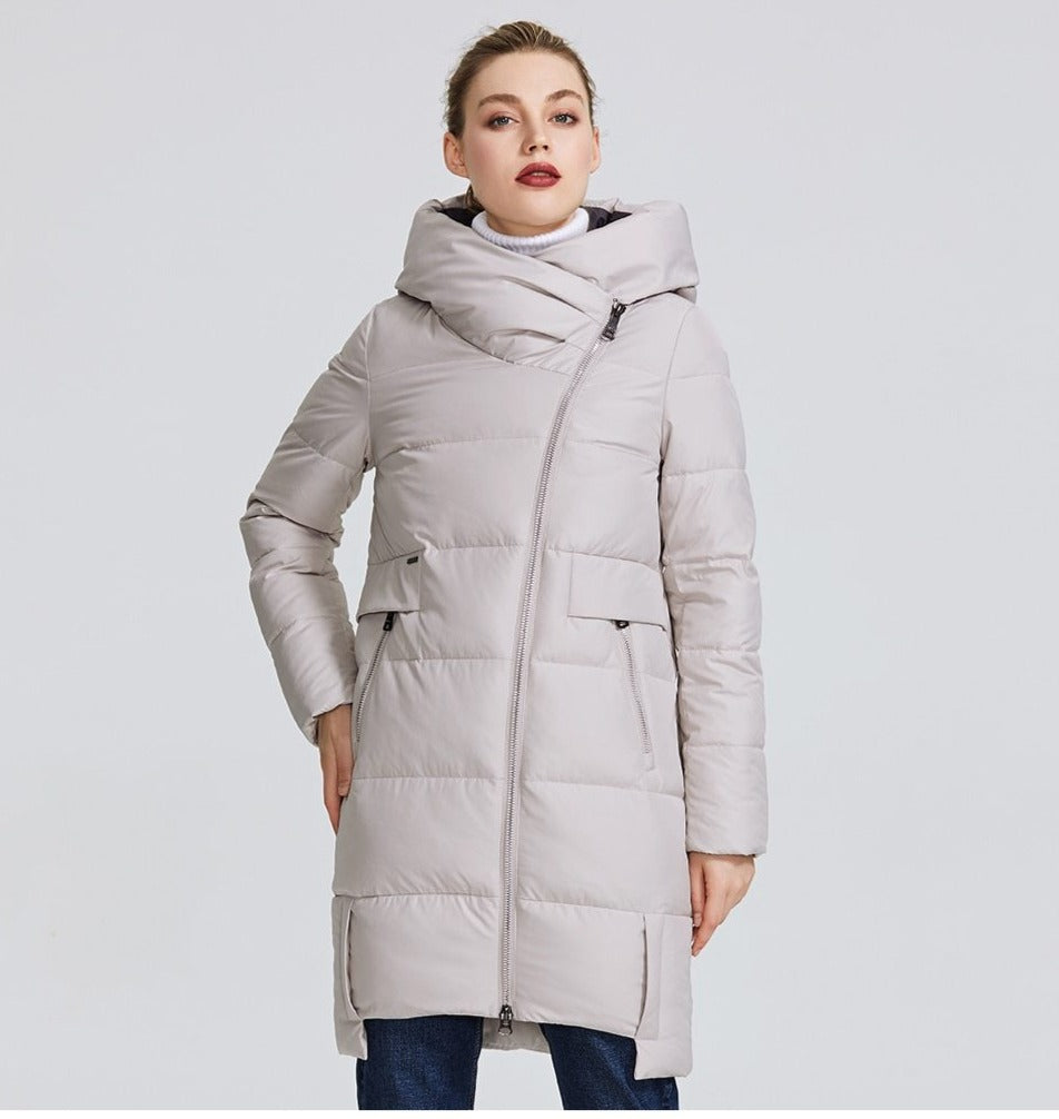 Women's Warm Jacket Made With Real Bio Parka Windproof Stand-Up Collar With Hood Coat