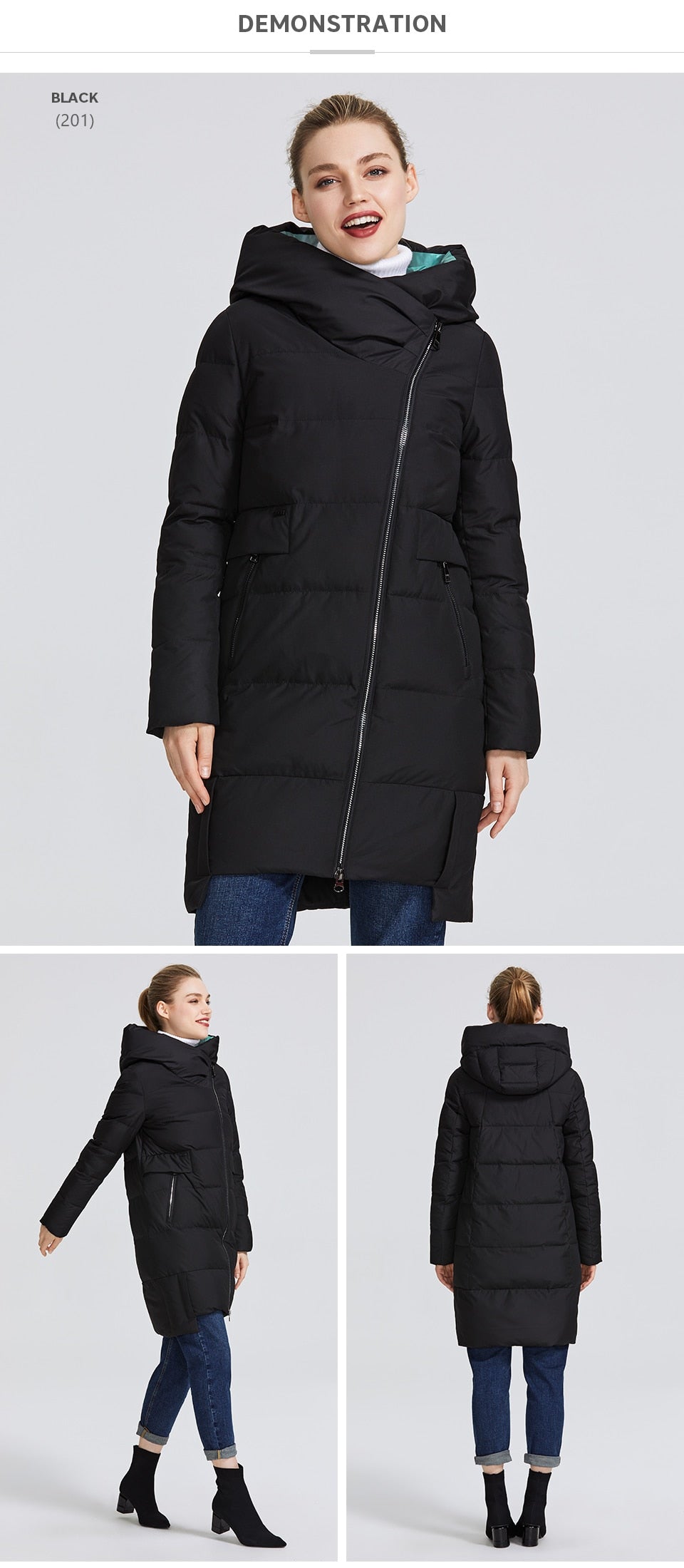 Women's Warm Jacket Made With Real Bio Parka Windproof Stand-Up Collar With Hood Coat