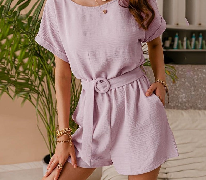 Casual Playsuits With Belt Women Solid bat sleeve Short Rompers