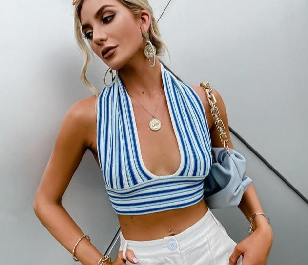 Sexy high stripe bandage halter top Backless short camis