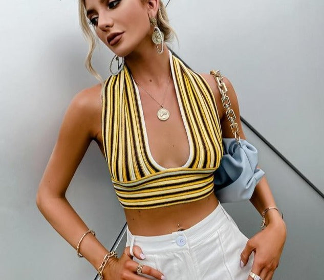 Sexy high stripe bandage halter top Backless short camis